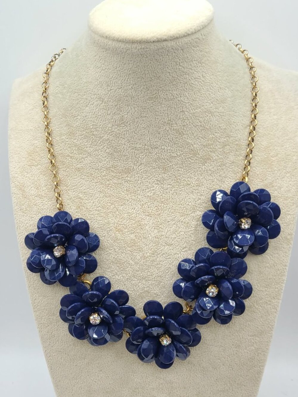 J Crew Navy Flower Necklace with Clear Crystals Gold Tone